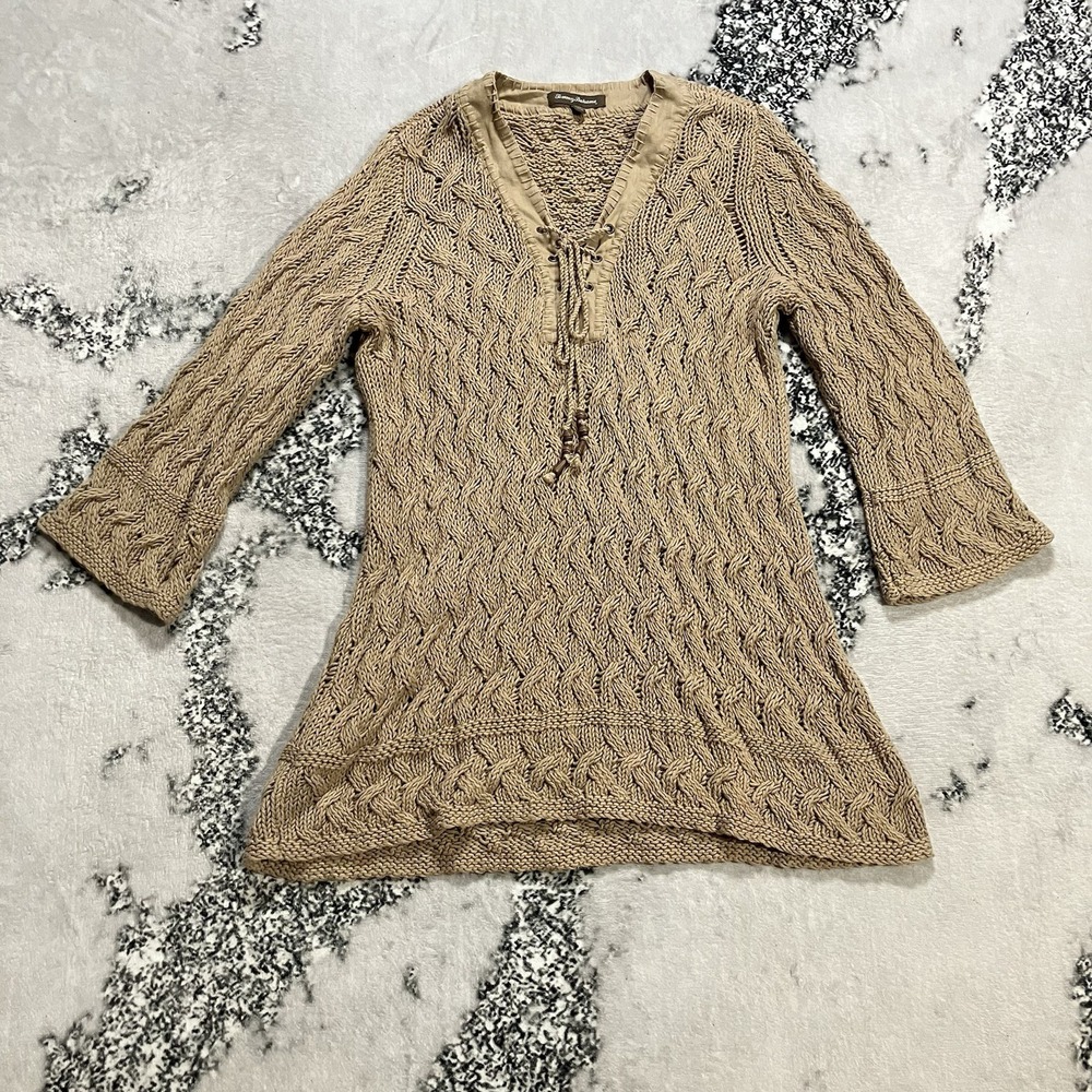 Tommy Bahama Linen Cotton Cable Knit Tunic Sweater Size XL Lace Up V Neck Tan